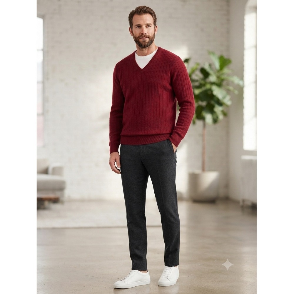 Geoffrey Beene Mens 100% Cashmere V-Neck Ribbed Sweater Burgundy Red XXL